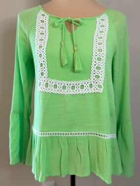 Lilly Pulitzer preppy green tunic top white lace ruffled hem SZ XXS